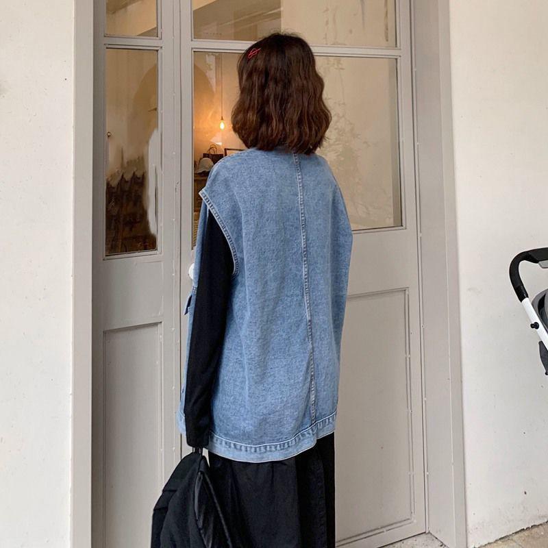 Solid Color Women's Denim Vest Sleeveless Spring and Summer Loose Casual Coat Big Pocket