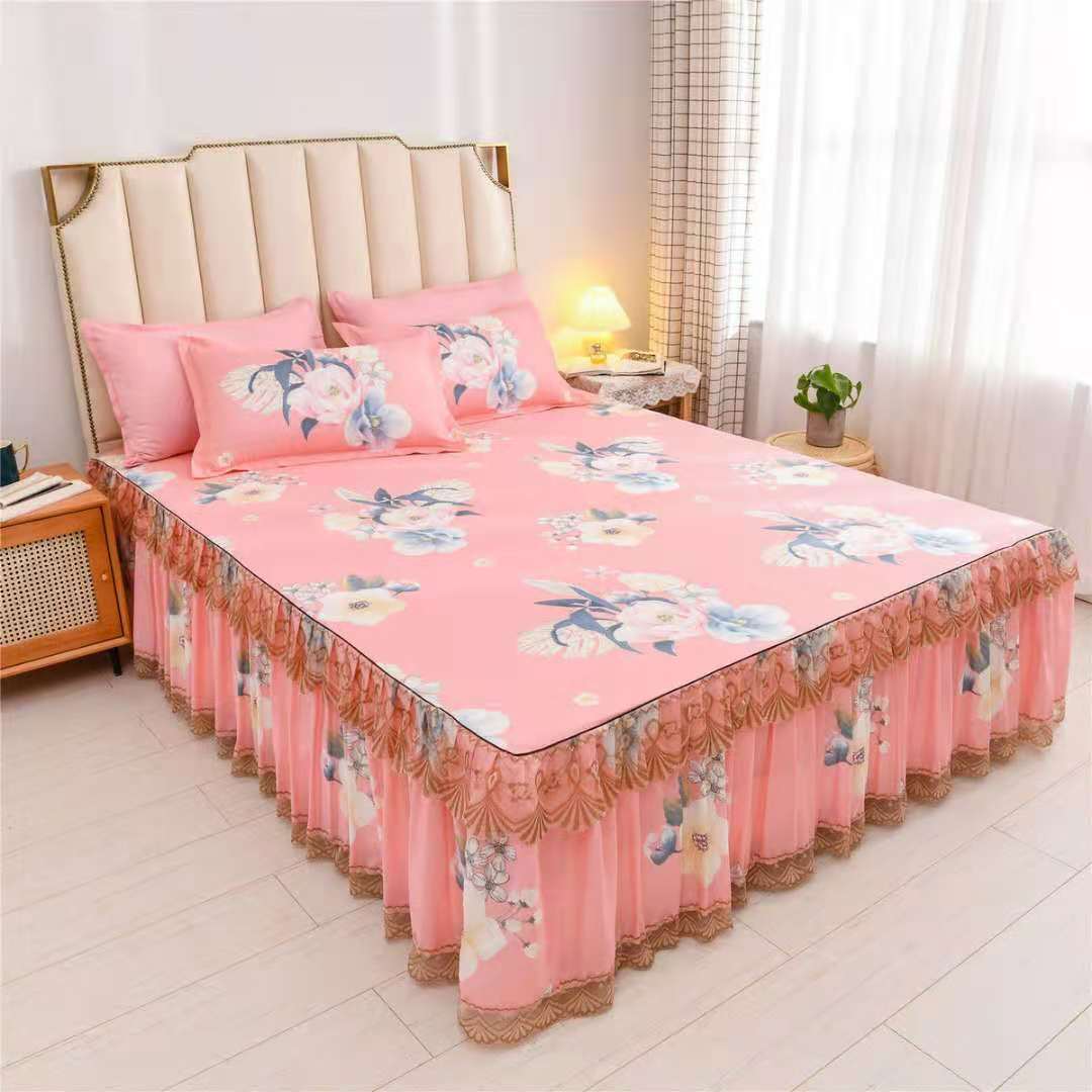 Lace Bed Skirt Three-piece Bedding Unilateral Non-slip Bedspread Korean Version of Solid Color Bed Sheet