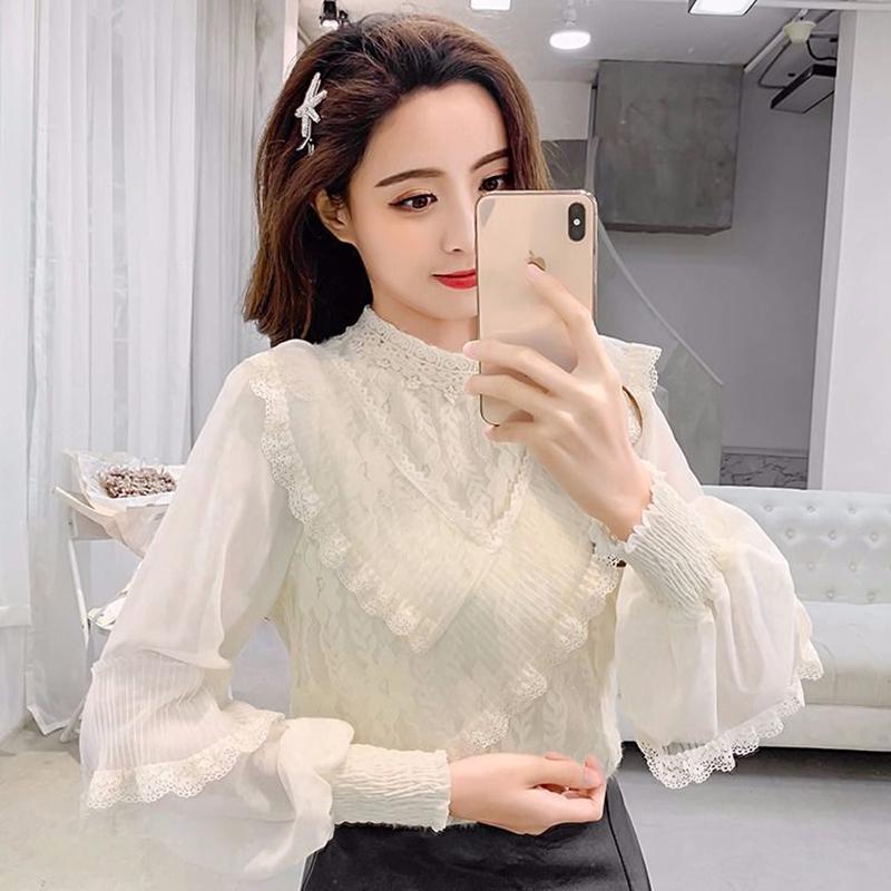 Super Fairy Lace Chiffon Shirt Women's Long-sleeved Lantern Sleeve Fashion Western Style All-match Lady Blouse