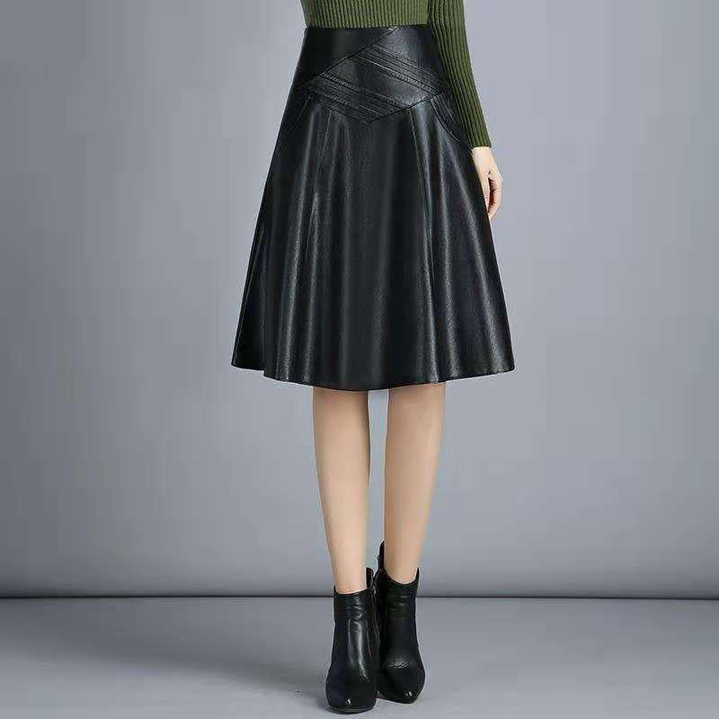 Women Spring Autumn PU Leather Skirts Lady High Waist A-line Skirt Midi Length Black Skirt Women