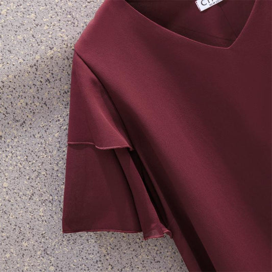 Chiffon Shirt Summer Women's V -neck Loose Top Women's T -shirt Women's Large Size