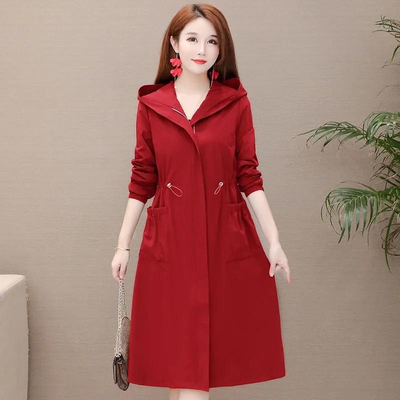 Women's Mid-length Hooded Windbreaker Solid Color Elastic Waist Thinner Hooded Jacket Korean Style Large Size Loose Jacket Drawstring Zipper Jacket