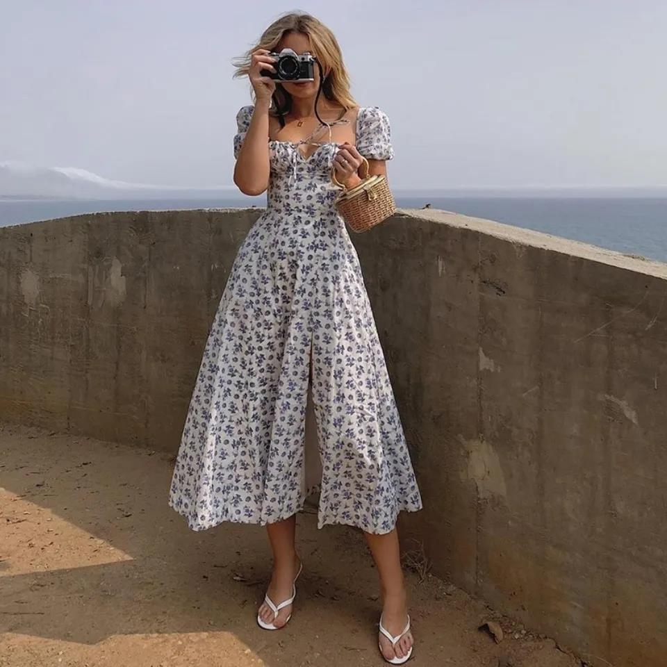 Summer Woman's Retro Elegent Suquare Neck Puff Sleeve Floral Print Maxi Dress Partywear SweetClub Dress