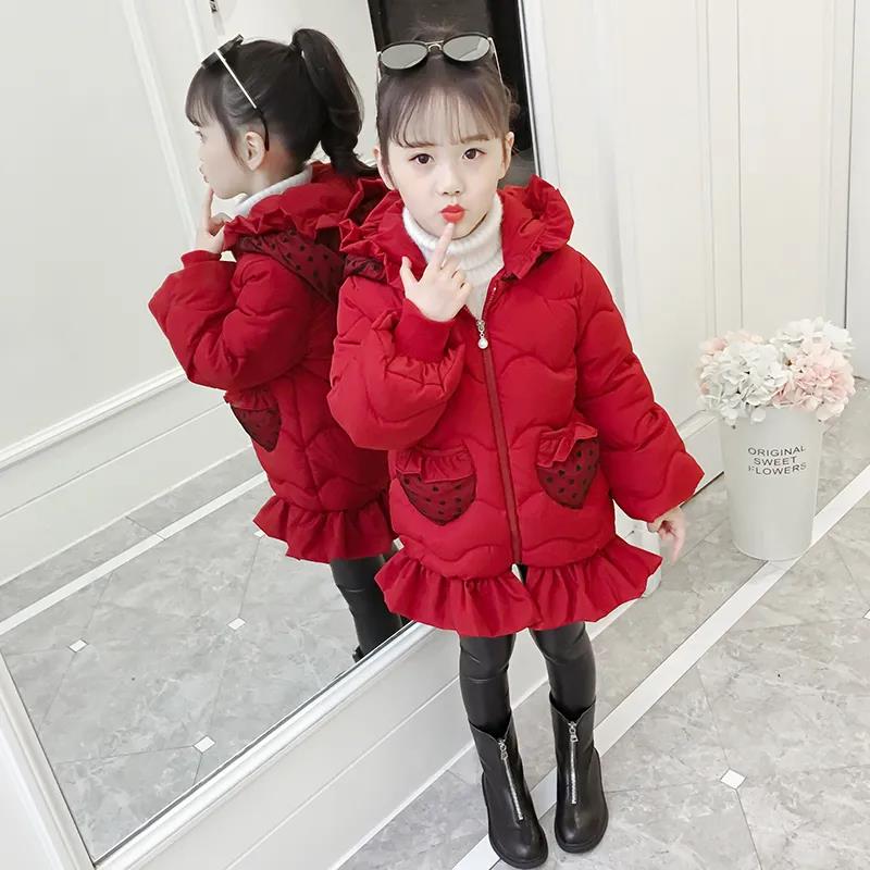 Girls' Cotton-padded Jacket Korean Version of Down Jacket Mid-length Winter Thickening Children's Cotton Jackets with Strawberry Hat