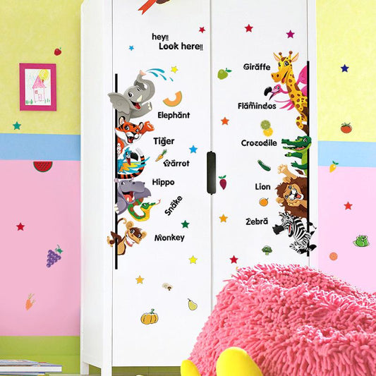 Cartoon Animal English Children's Door Kindergarten Decoration Fun Wall Stickers removable wallpaper
