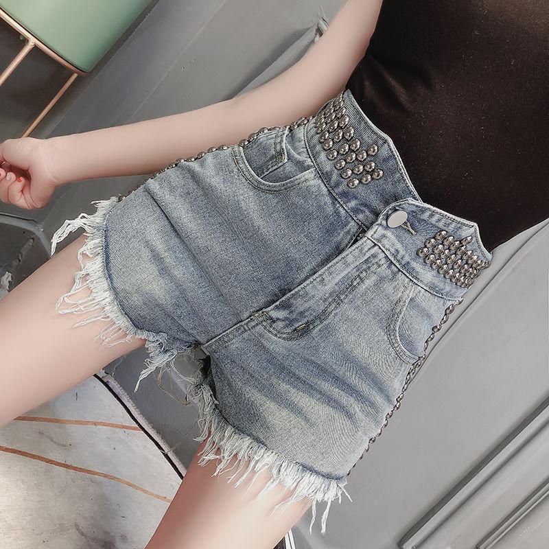 WTEMPO Women Burrs Rivet High Waist Zipper Denim Shorts Loose Spring and Summe Casual Shorts