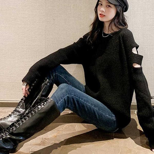 Ripped Solid Color Loose Blouse Strapless Sexy Sweater Women Autumn All-match Lazy Style Jacket