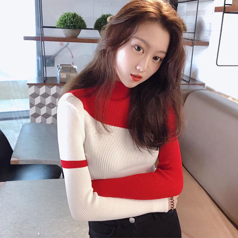 Spring and Autumn Tops Women's Long Sleeve Knit Sweater Slim Joker Top Color Matching Sweater
