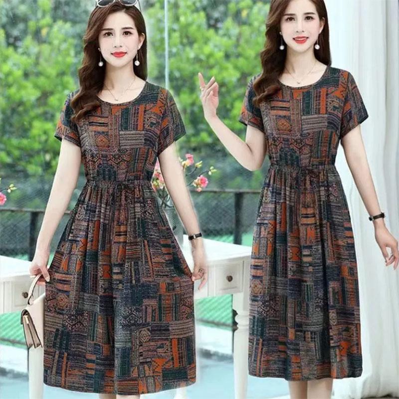 Mom's Cotton Silk Over-the-knee Dress Middle-aged and Elderly Women's Short-sleeved Pockets Mid-length Large Size Loose Floral Skirt