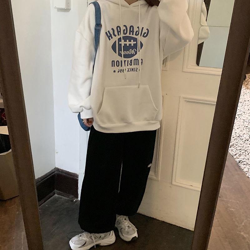 Autumn and Winter Women's Hooded Hoodie Korean Loose Large Size Plus Velvet Thick Letter Coat