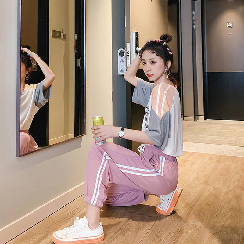 Loose Casual Suit Women's Summer Slimming Sportswear Lightweight Breathable Sweat-absorbent Two-piece Round Neck Short-sleeved T-shirt + Sports Pants