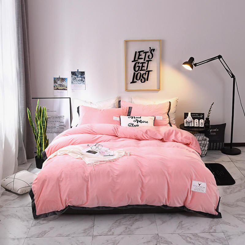 Cotton solid color wool fabric bedding set quilt cover sheet set pillowcase home four-piece