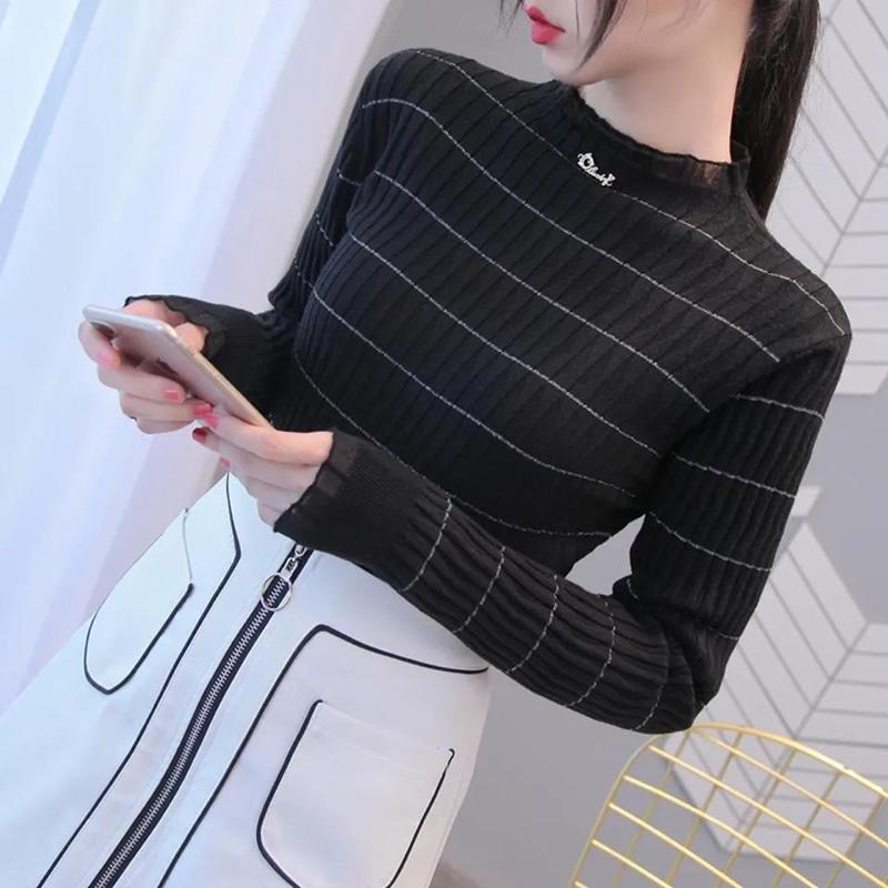 Autumn and Winter Lotus Leaf Collar Long-sleeved Sweater Women's Self-cultivation Bottoming Shirt with Net Gauze and Wood Ears