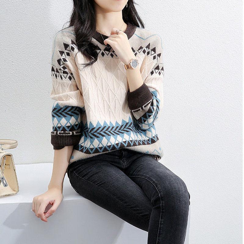 Sweater Women's Pullover Knitwear Korean Loose Plus Velvet Round Neck Tops Trending Lattice Sweater Autumn and Winter Tops