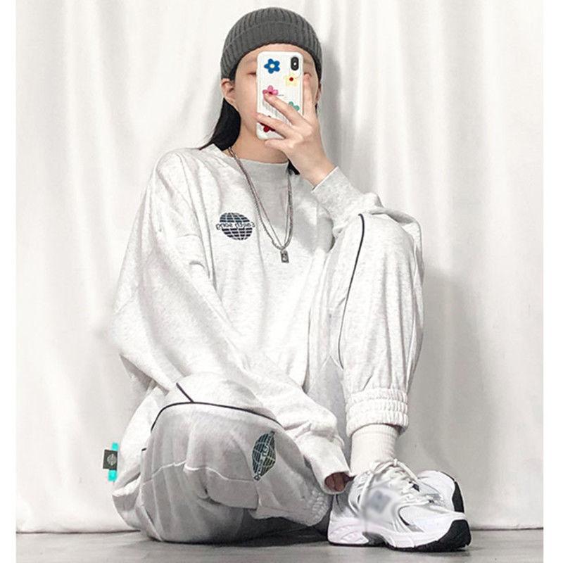 Extra Large Size Solid Color Pullover Casual Sports Suit Women's Spring and Autumn Thin Section Meat-covering Sweater and Leggings Two-piece Set