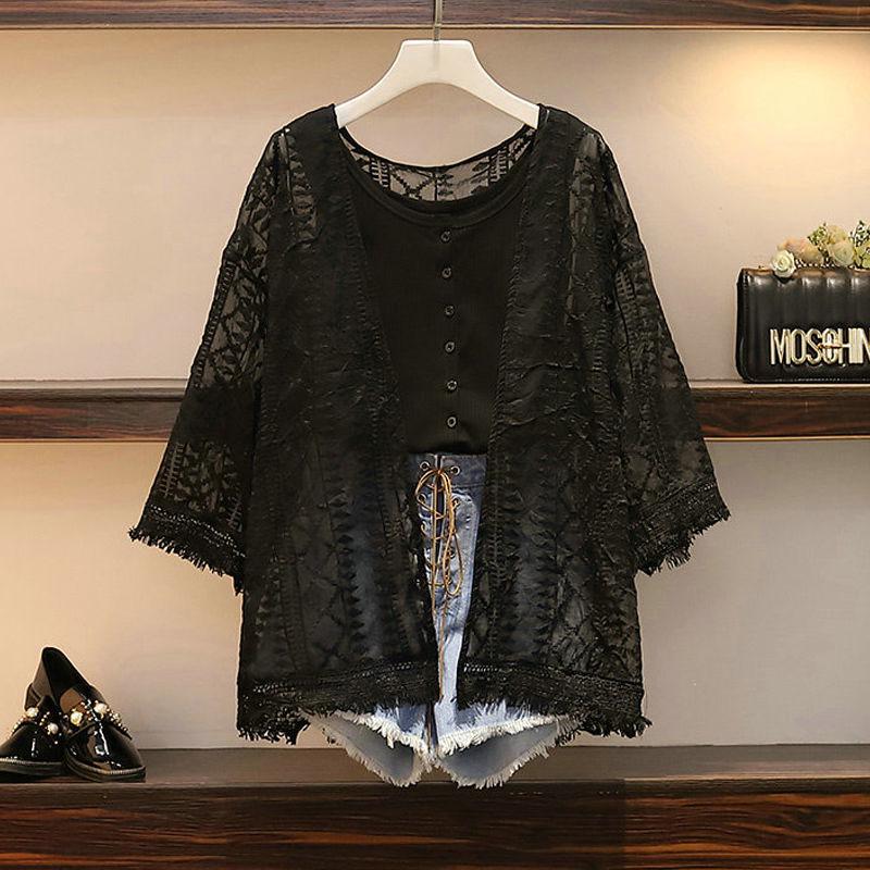 Pofulove Plus Size 2 Piece Set Women Summer Hollow Lace Shirt Tops Vest Denim Shorts Three-piece Set
