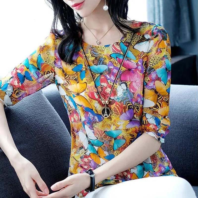 Spring and Autumn Mother Long-sleeved T-shirt Women's Floral Loose Top Bottoming Shirt Women