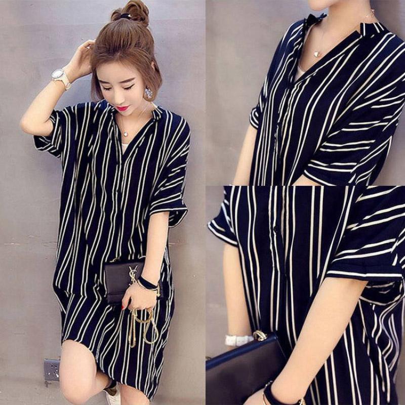 Summer Striped Shirt Dress Women Fashion Casual Lapel Short Sleeve Pocket Irregular Striped Short Dress Women