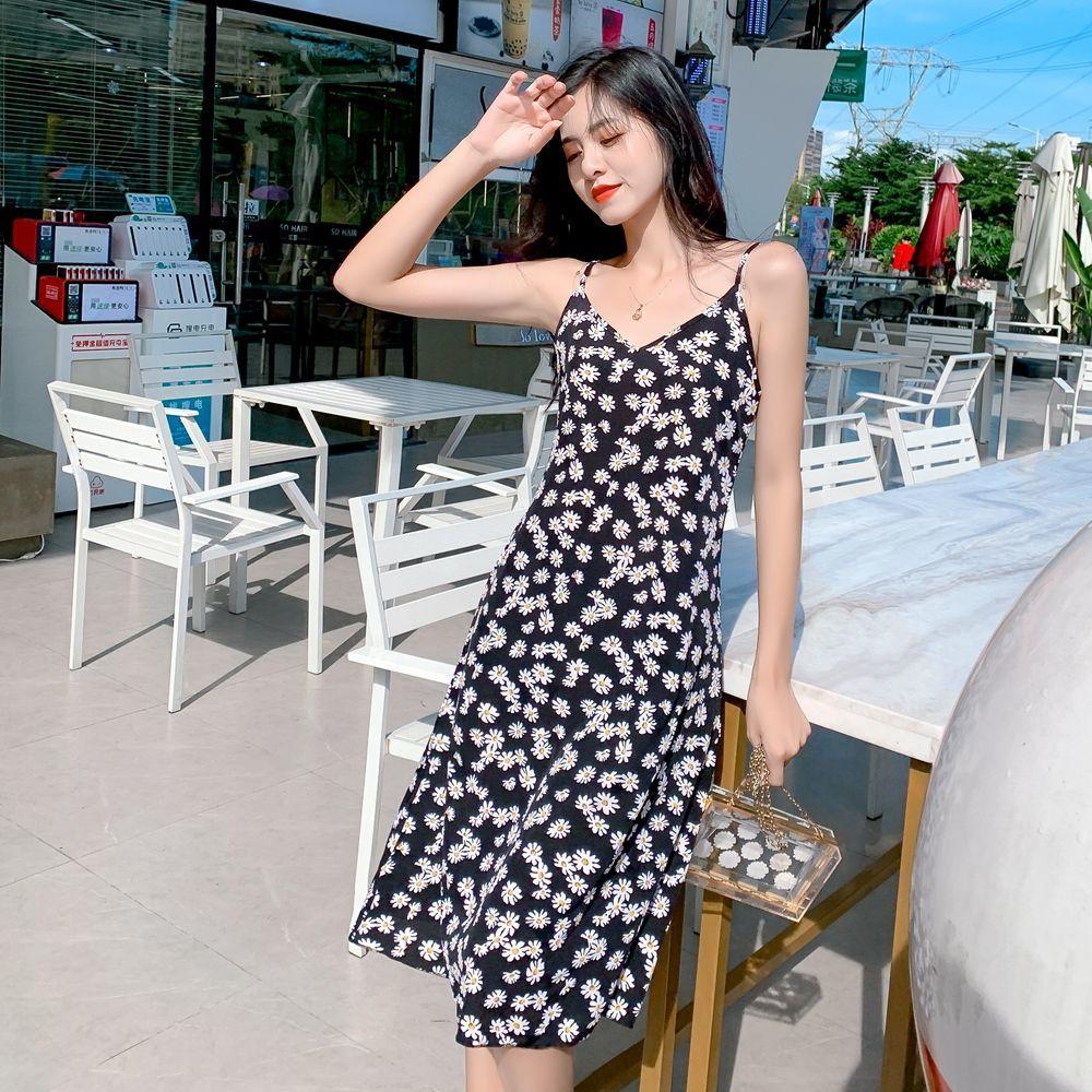 Floral Dress Loose and Thin Sling Dress Mid-length Off-shoulder Sling Dress Sexy Slim A-line Version Fabric Light and Breathable