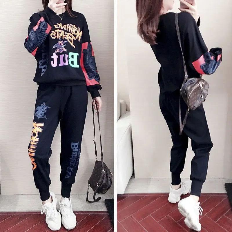 2PCS Women's Spring and Summer Sports Suit Casual Loose Long Sleeve Sweater + Loose Pants Two Pieces Ladies Personality Slimming Print Fitness Suit