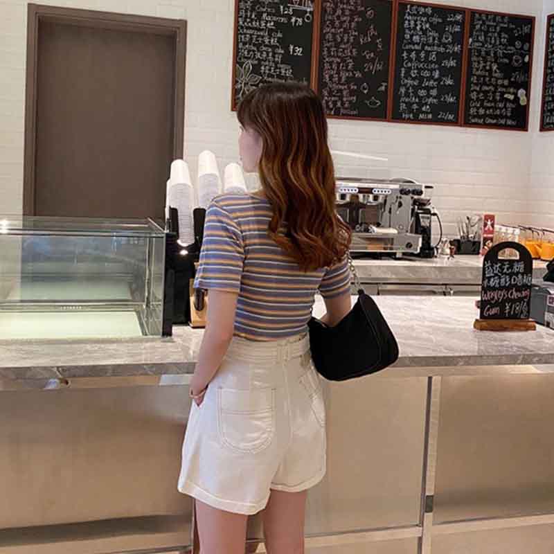 Summer Rainbow Striped Short-sleeved T-shirt Women's Slim French Square Collar with Half-sleeve Top