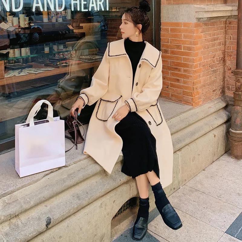 Autumn and Winter Woolen Coat Korean Version of Thin Lapel Coat Mid-length Over The Knee Plus Size Women's Woolen Coat