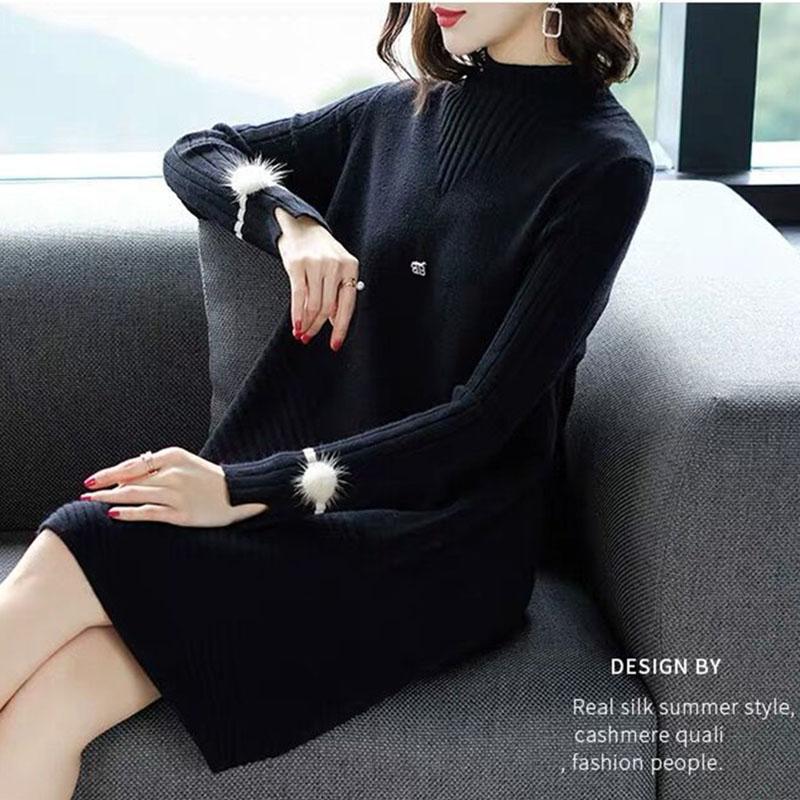 Autumn and Winter Long Thick A-line Knitted Dress Women Loose Pullover Sweater Dress Bottoming Wool Sweater