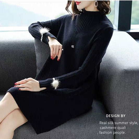 Autumn and Winter Long Thick A-line Knitted Dress Women Loose Pullover Sweater Dress Bottoming Wool Sweater