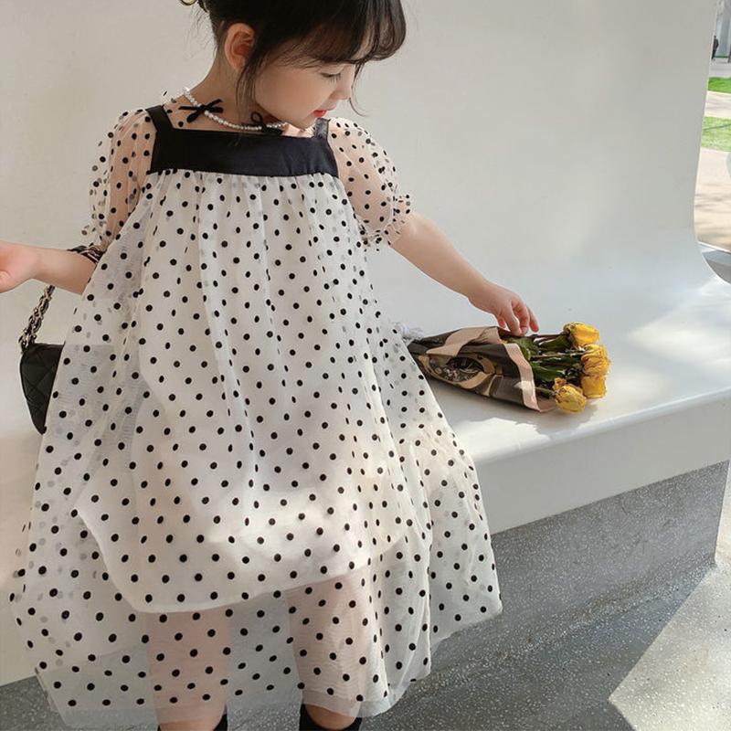 Girls Dresses Mesh Elegant Polka Dot Princess Dress Kids Fairy Puffy Full Sleeve Birthday Party Vestidos Children Clothes