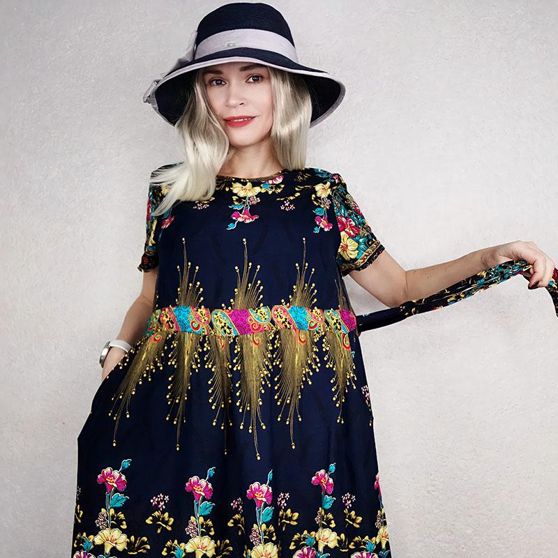 Women's Cotton Silk Dress Summer Floral Dress Plus Size Large Swing Elegant Printed Dress for Party Beach