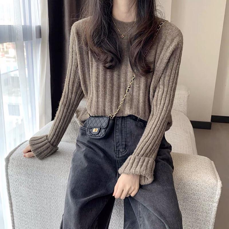 Autumn  Winter  Knitted Pullover Round Neck Versatile Thick Warm Woolen Sweater Bottoming Shirt  Vertical Stripes Loose