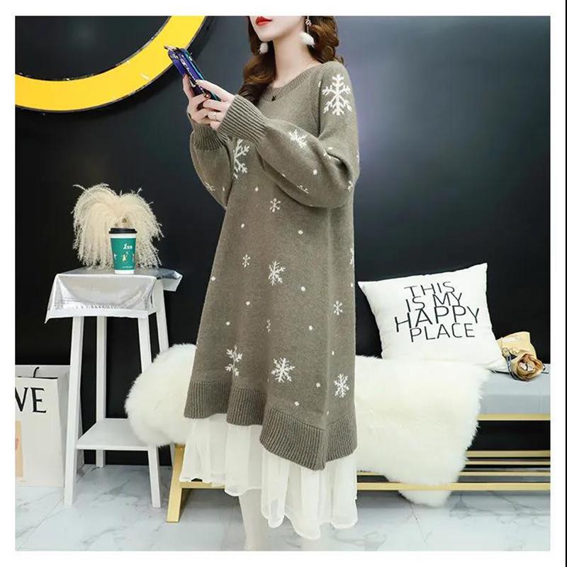 Autumn and Winter Fashion Trend Snowflake Women's Sweater Dress Loose-fitting Mini Sexy Blouse