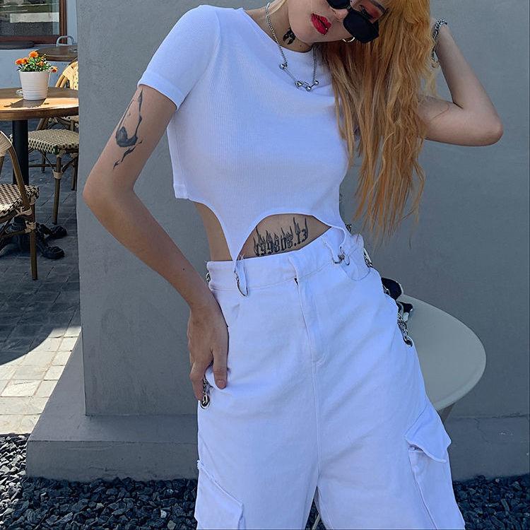 Summer Navel Short-sleeved T-shirt Female Street Metal Tooling Design Personality Top Sexy Tight T-shirt