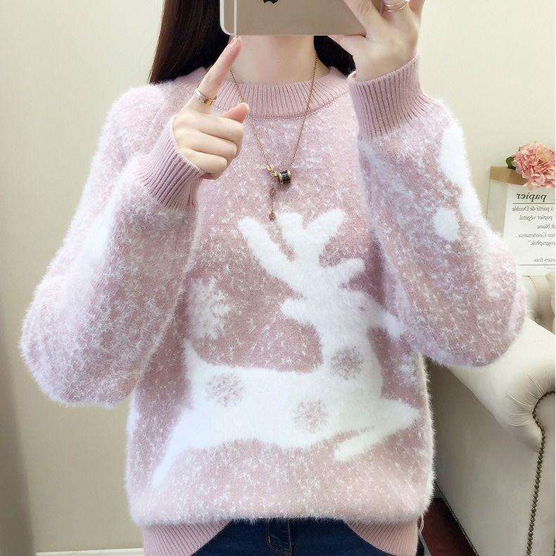 Autumn and Winter Pullover Sweater Thick Knit Sweater Elk Pattern Young Women Bottoming Shirt