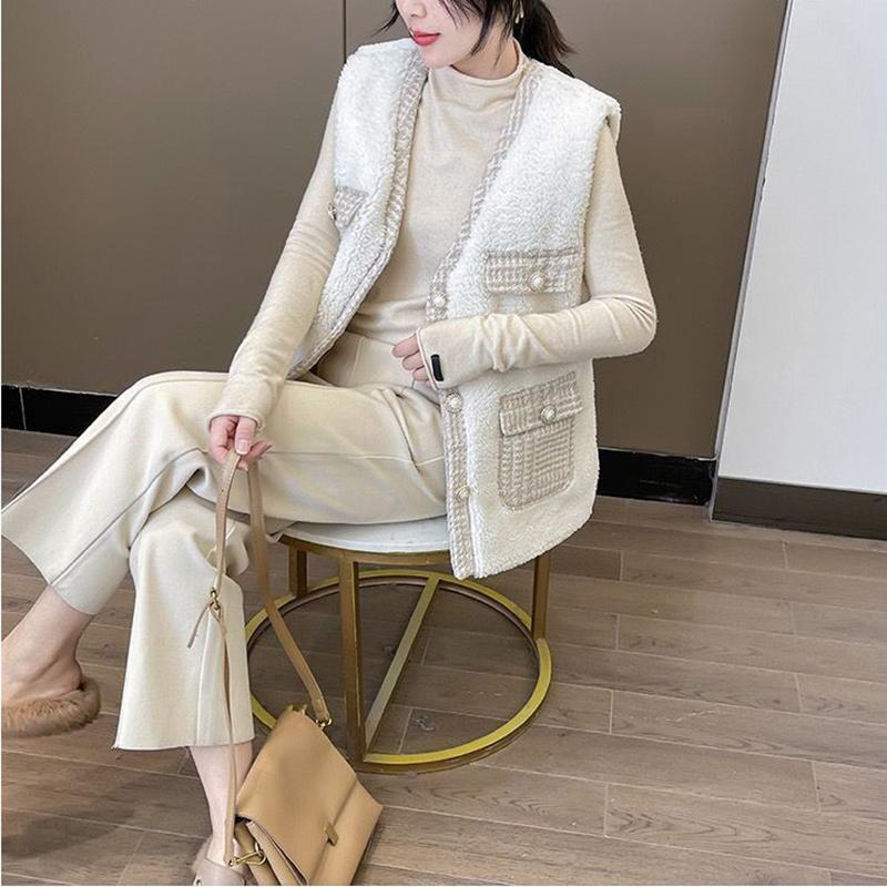 Temperament Lady Style Lamb Plush Vest Autumn and Winter New Tweed Stitching Vest Waistcoat Jacket Women