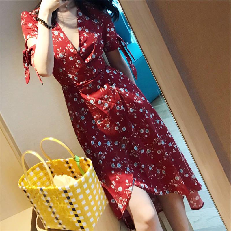 Summer Women Ruffled Split V-collar Short Sleeve Dress Floral Prints Irregular Holiday Vestidos