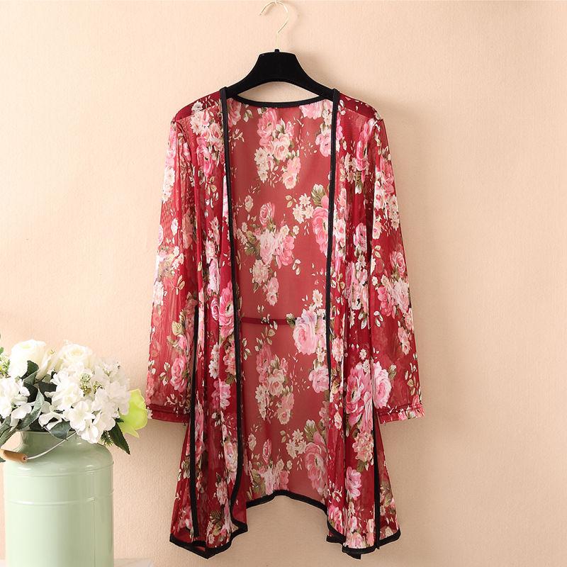 Women's Sun-Dress 1pcs Chiffon Cardigan Flowers Sun Protection Clothing Mid-length Plus Size Loose Outer Thin Coat Beach Air-conditioned Rooms