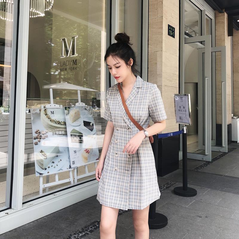 Elegant Plaid Dress Short Sleeve A-line Casual Streetwear Female Short Dress Button Summer Dress