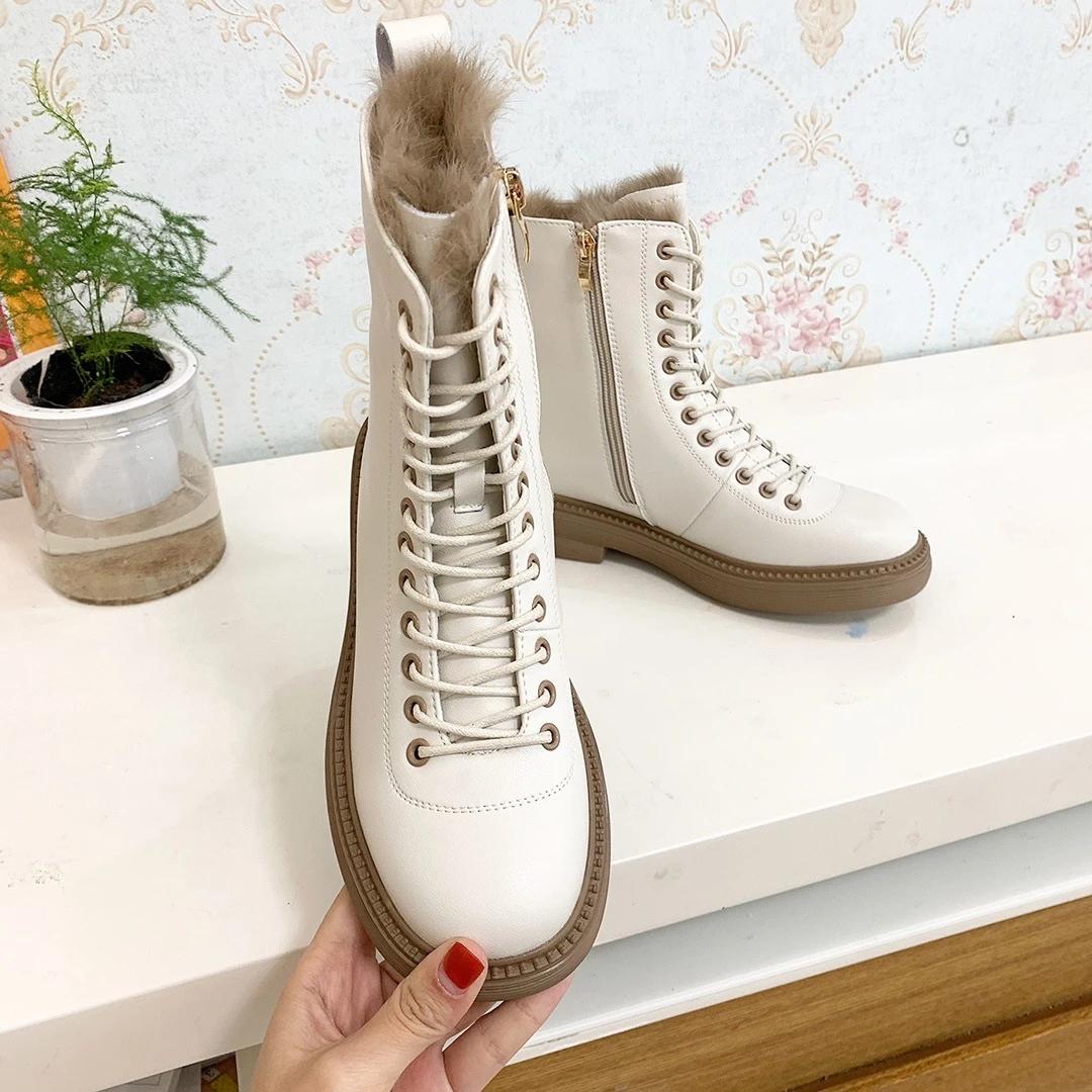 Winter Boots Women Black White Leather Boots Gothic Platform Shoes Fashion Ankle Booties Flat Woman Warm Fur Boots