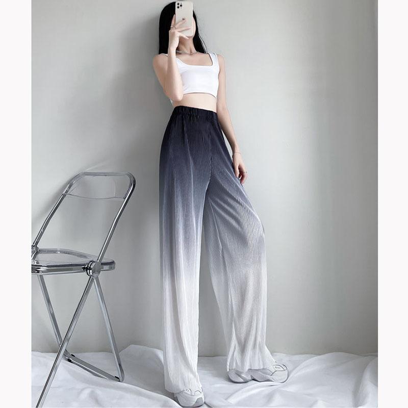 Gradient Color Ice Silk Wide-leg Pants Women's High-waisted Slim Drape Loose Straight Casual Pants Summer Printed Trousers