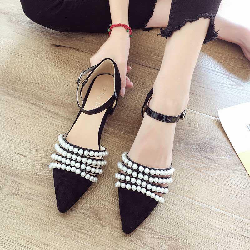 Plus Size 35-39 Summer Women Bohemian Prom High Heels Wear-resistant Non-slip Office Lady Sandals Pearl Shoes