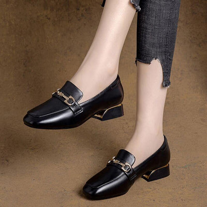 Soft Leather Single Shoes Women's Low-heel Carafe Square-toed Leather Shoes Thick Heel British Style Slip-on Work Women's Shoes
