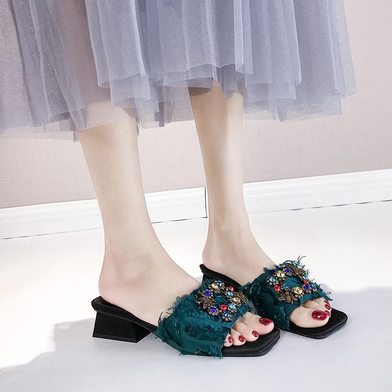 Fashion net red rhinestones with thick heel with a drag sandals ins slippers women summer wear