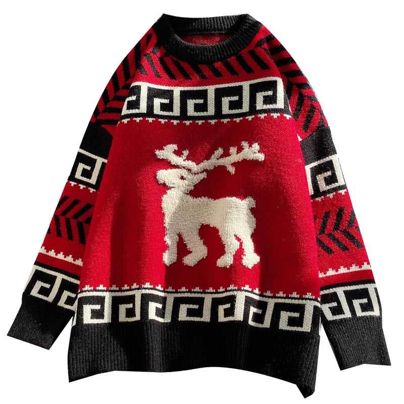 Pofulove Red Christmas Elk Sweater Women Winter Hooded Loose Lazy Wind Winter Students Wear Knitwear