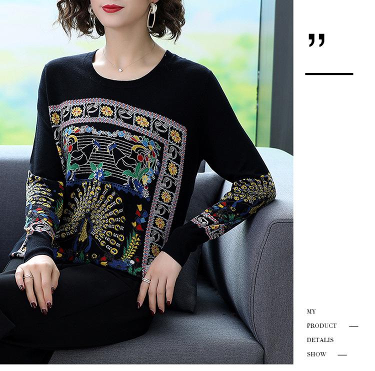 Autumn  Winter Ethnic Style 3D Printed Sweater Women Short Pullover Knit Bottoming Sweater Outer Wear Plus Size High-end Sweater