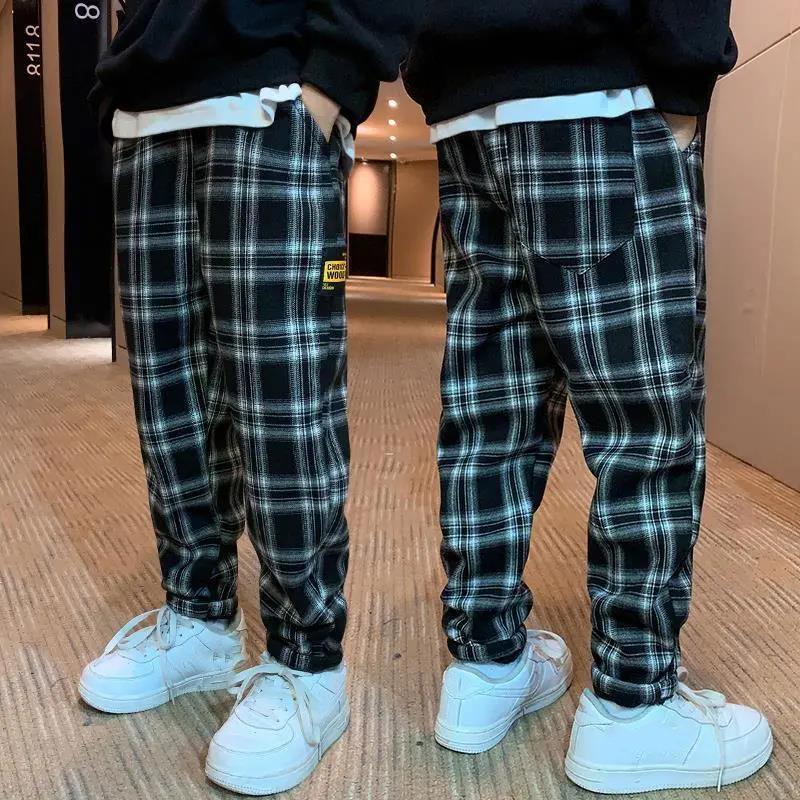 Boys Plaid Pants Spring Autumn  Plus Velvet Middle-aged Children's Loose Casual Pants Warm and Handsome Trousers
