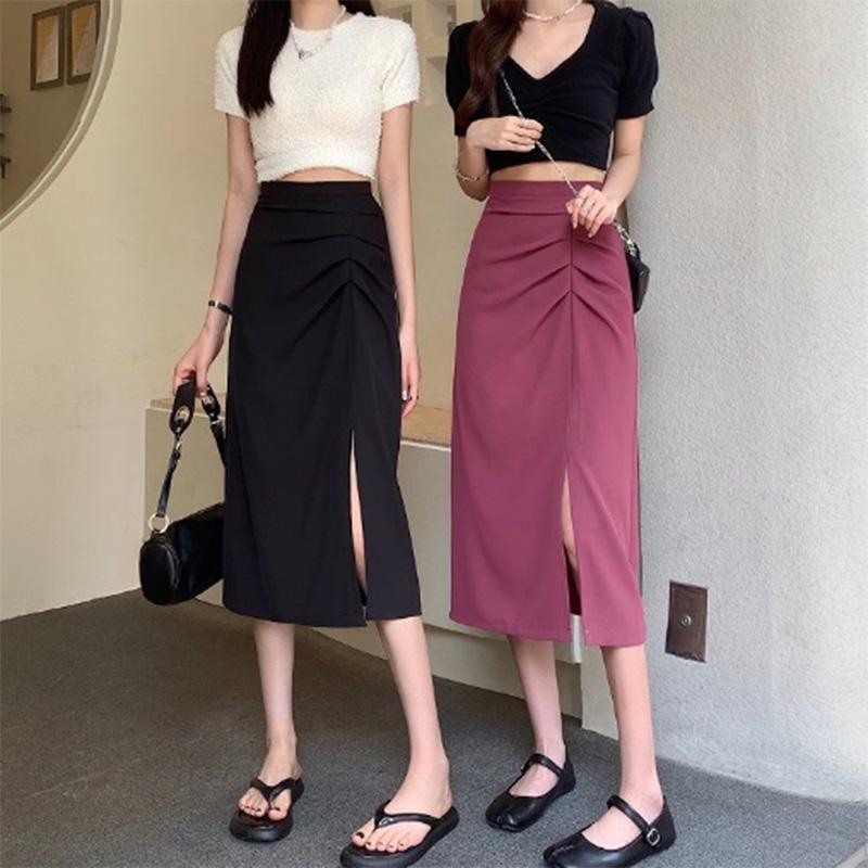 Pleated Slit Hip Skirt Summer Korean Version A-line Skirt High Waist Slim Mid-length Black Skirt Women