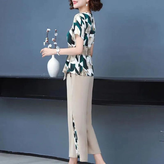 Women's Temperament Casual Suit Printed Chiffon Top Short Sleeve + Loose Wide Leg Pants Fabric Comfortable Lightweight