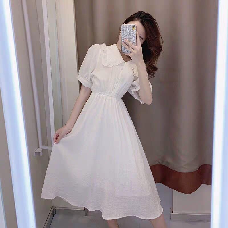 Thin Long Skirt Japanese Style Fresh College Style Sweet Girl Waist Thin White Dress Fabric Thin Breathable Sweet and Cute White Dress