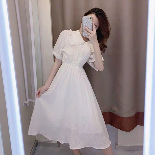 Thin Long Skirt Japanese Style Fresh College Style Sweet Girl Waist Thin White Dress Fabric Thin Breathable Sweet and Cute White Dress